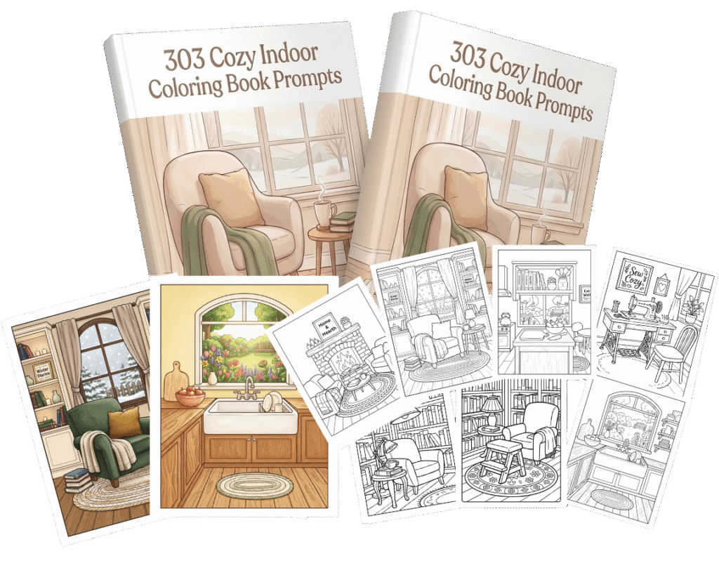 303 Cozy Indoor Coloring Book Prompts with Full PLR