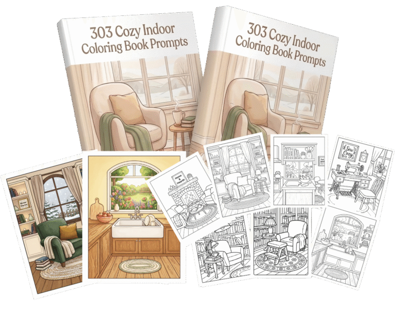 303 Cozy Indoor Coloring Book Prompts with Full PLR