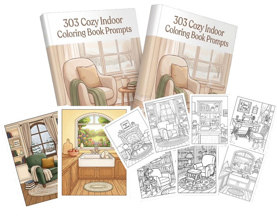303 Cozy Indoor Coloring Book Prompts with Full PLR